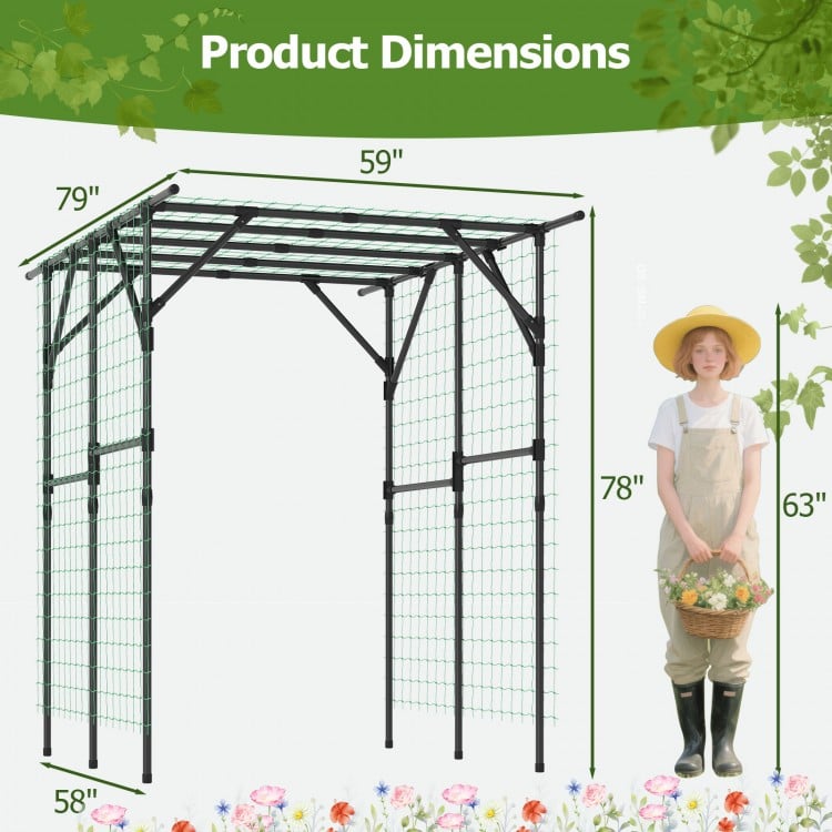 Large garden arch trellis for climbing plants, black PE-coated metal, 79" wide, 78" tall, ideal for outdoor support.