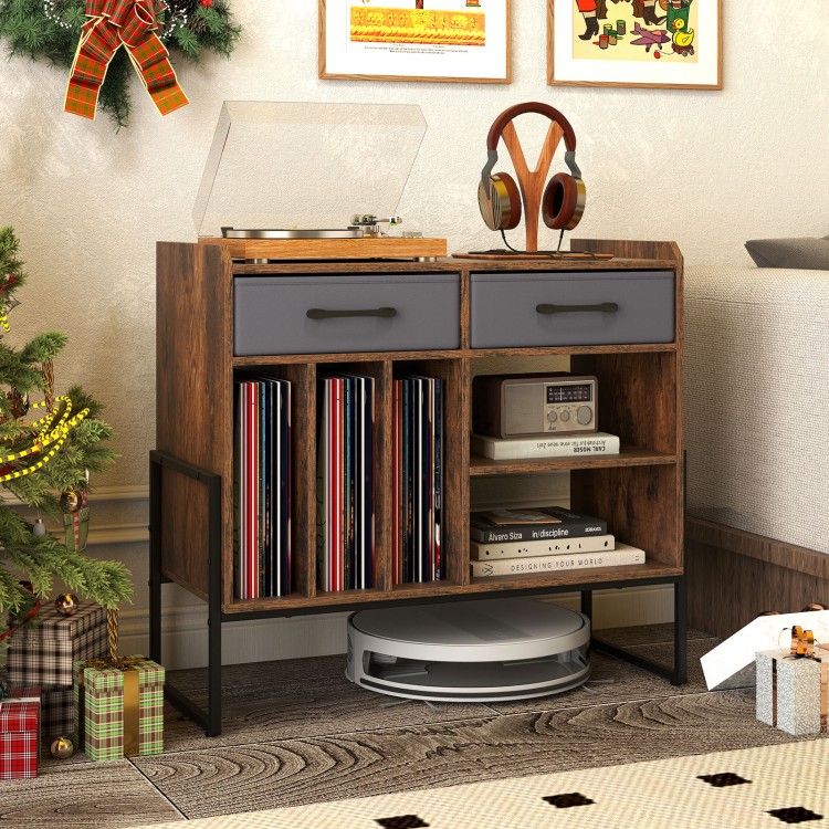 Large record player stand in rustic brown with vinyl storage, charging station, and adjustable shelves for music.