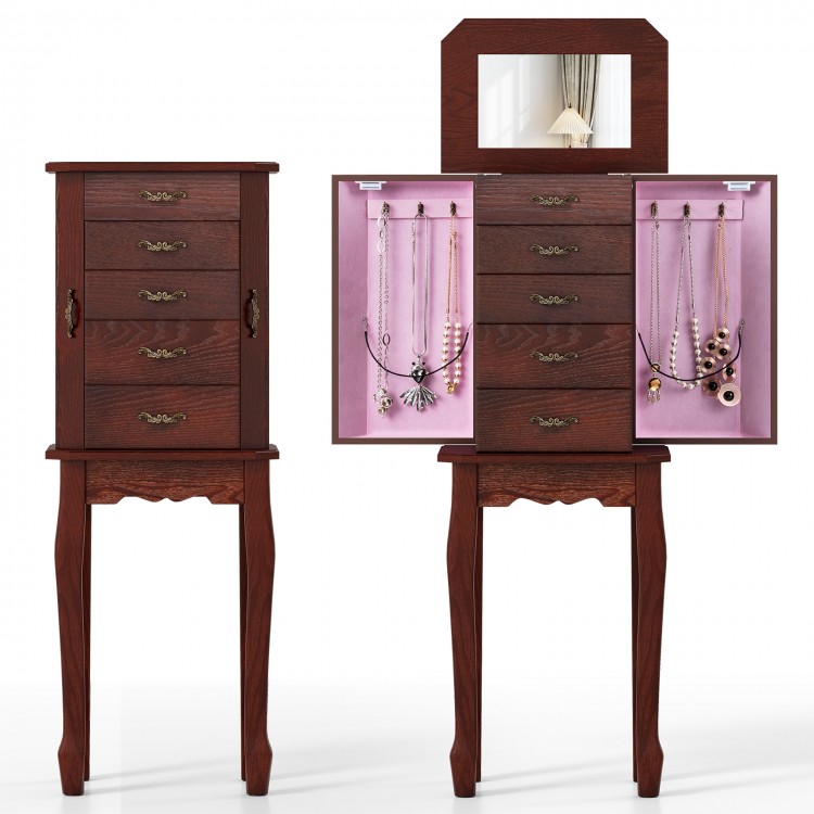 Walnut jewelry cabinet with five drawers and mirror, offering ample storage for all types of jewelry.