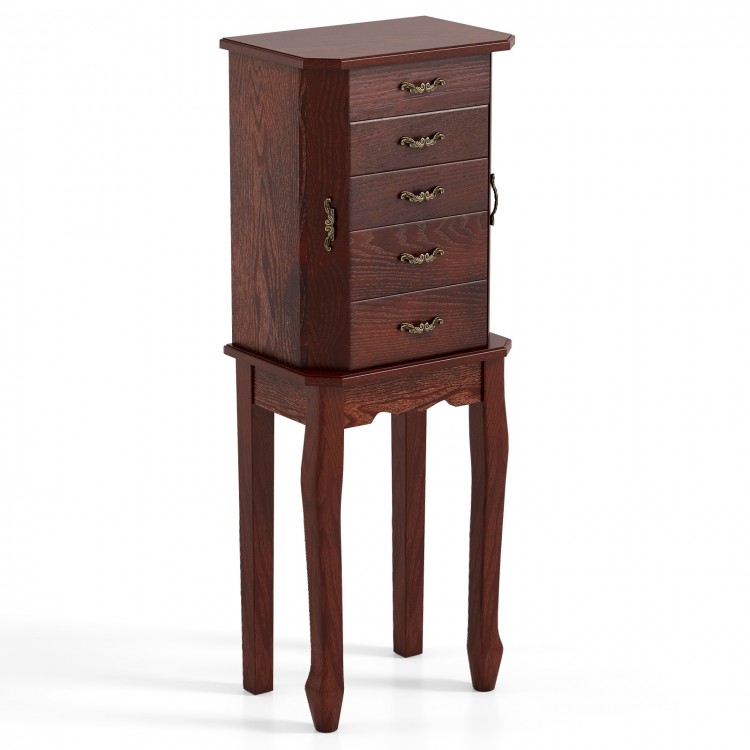 Walnut jewelry cabinet with five drawers and a mirror, offering powerful storage for all types of jewelry.