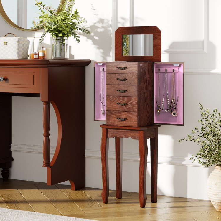 Walnut jewelry cabinet showcasing five drawers and a mirror, perfect for stylish and organized jewelry storage.