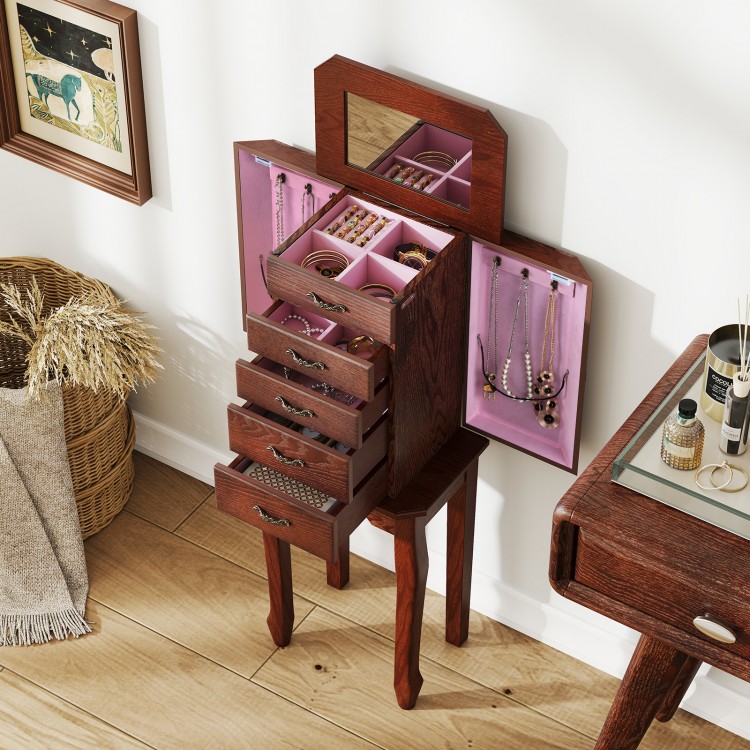 Jewelry cabinet with five open drawers and two side doors, providing versatile storage for necklaces and accessories.