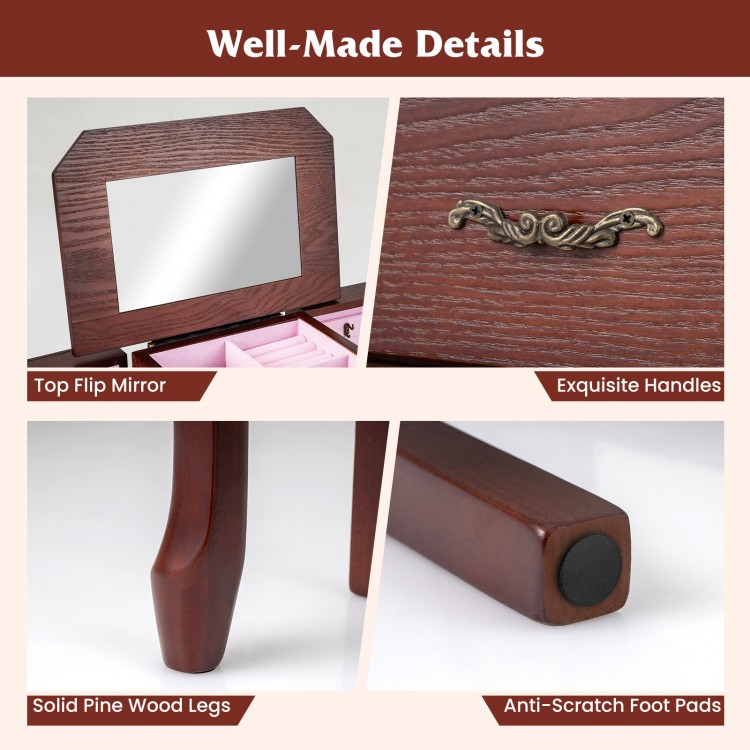 Detailed view of the Large Storage Capacity Jewelry Cabinet with walnut finish, featuring a flip mirror and solid pine.