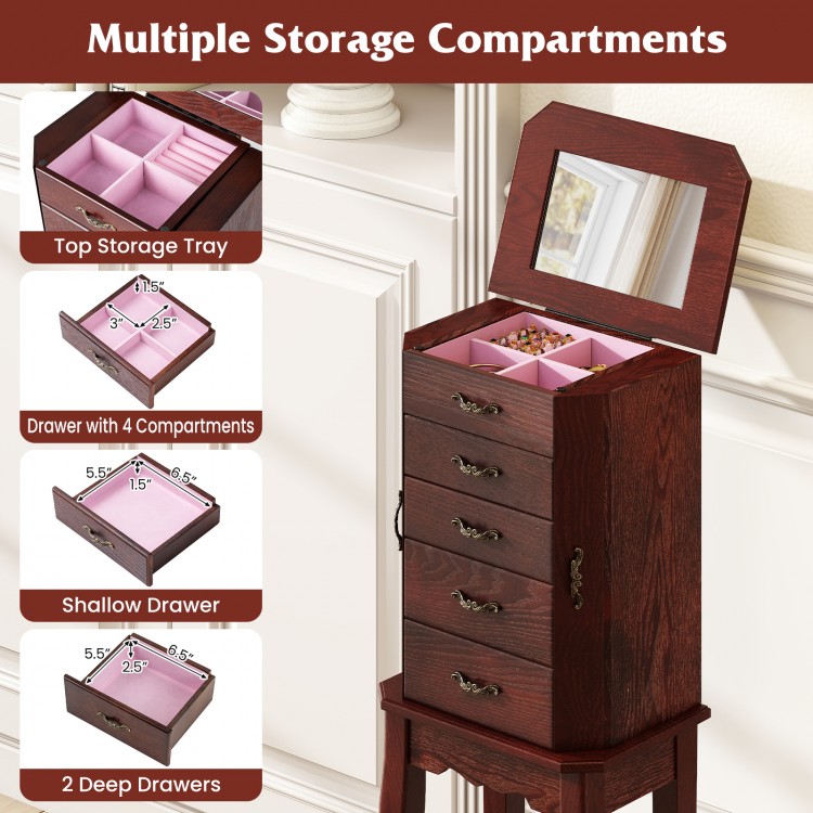 Walnut jewelry cabinet with five drawers, mirror, and multiple compartments for organized storage of all types of.