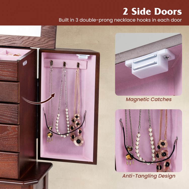 Jewelry cabinet with two side doors featuring necklace hooks, five drawers, and a mirror for ample storage.