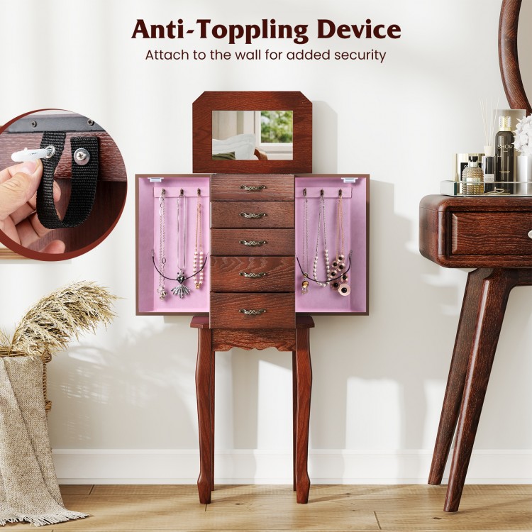 Large walnut jewelry cabinet featuring five drawers and a mirror, ideal for organizing various jewelry types.
