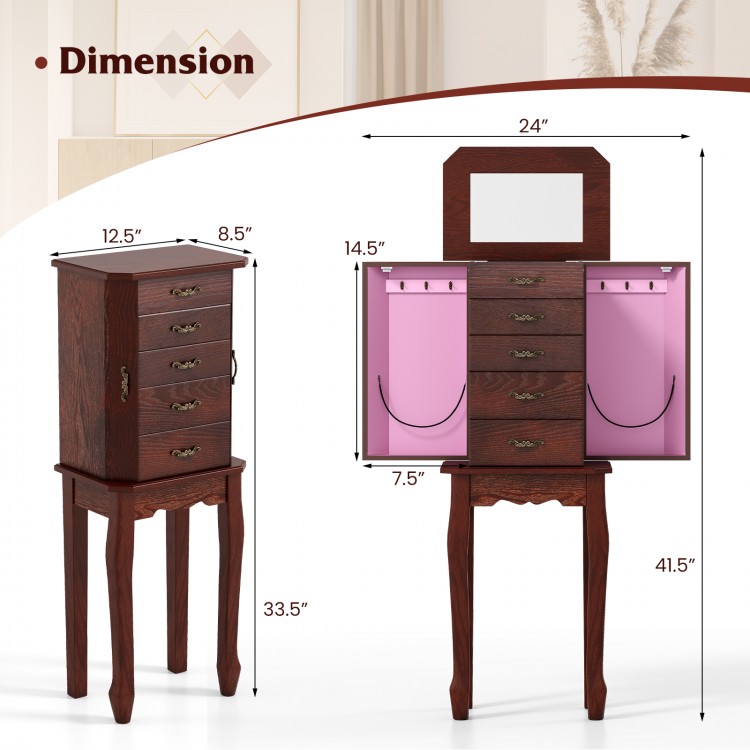 Dimensions of the Large Storage Capacity Jewelry Cabinet in walnut finish, showcasing its height of 41.5 inches and.