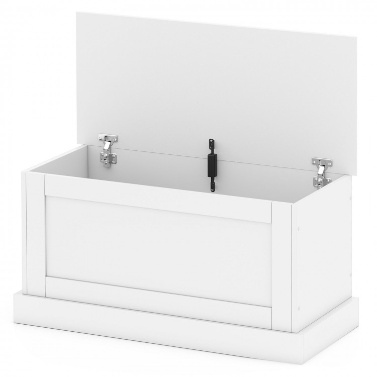 Large off-white storage chest with safety metal hinge, featuring ample capacity for organizing books and tools.