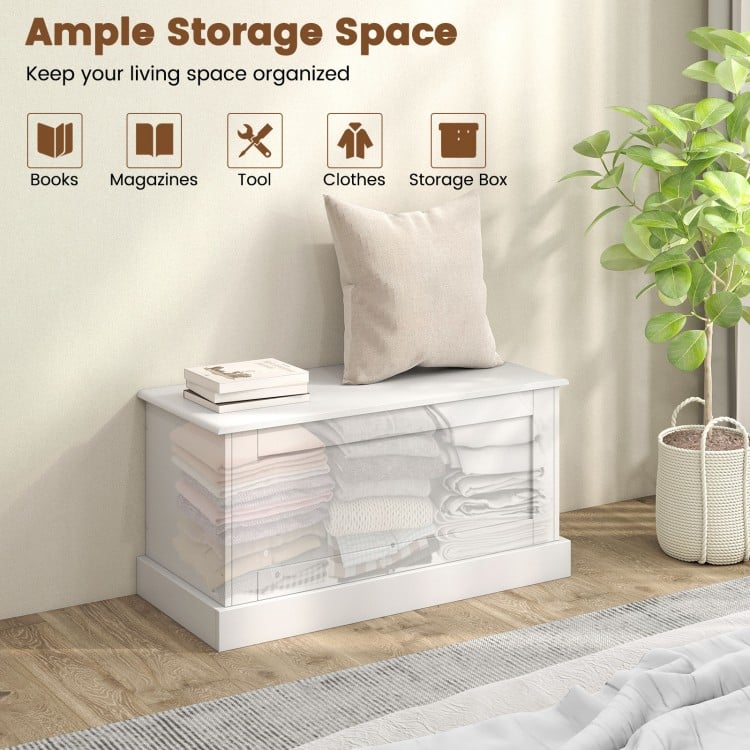 Large off-white storage chest with safety metal hinge, ideal for organizing books, clothes, and tools in a tidy space.