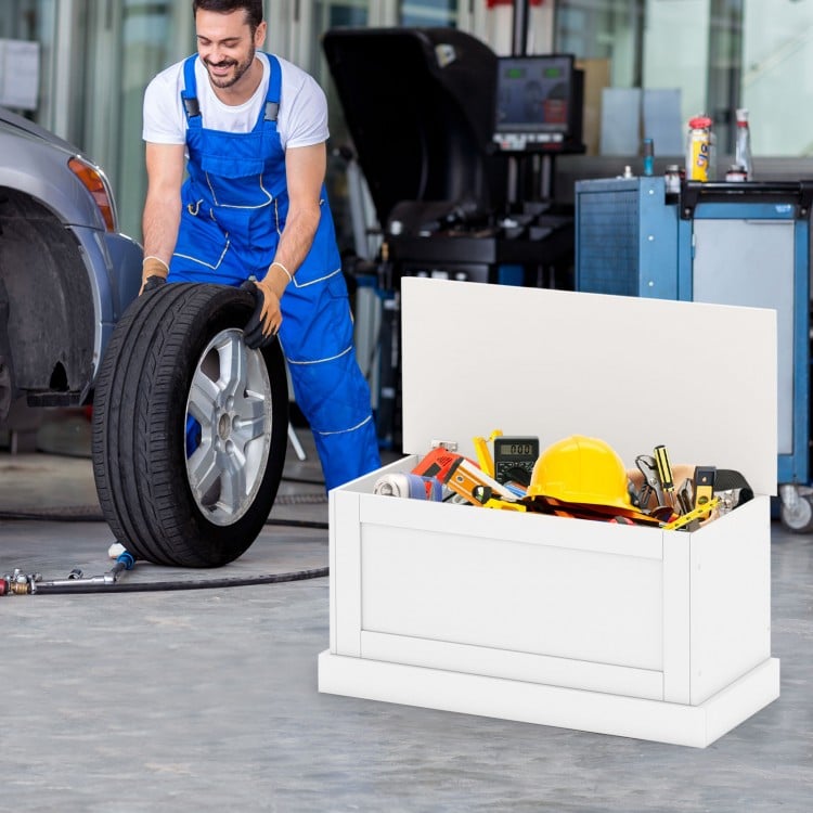 Large off-white storage chest with tools, featuring a safety metal hinge, ideal for organizing various items.