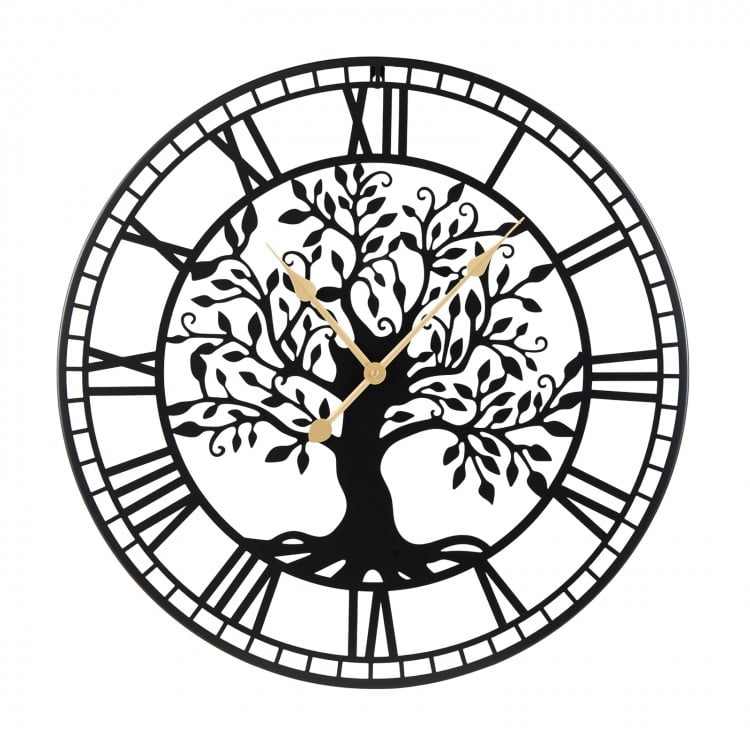 Large 27-inch black metal wall clock showcasing an intricate tree of life design, perfect for enhancing any wall space.