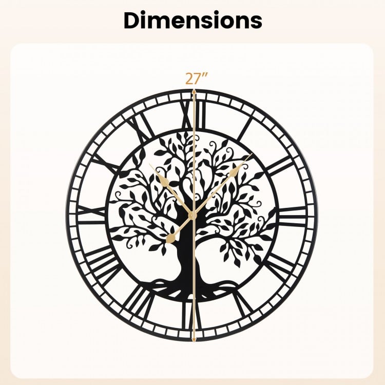 Dimensions of a 27-inch black metal wall clock with a tree of life design, showcasing its size for wall decor planning.