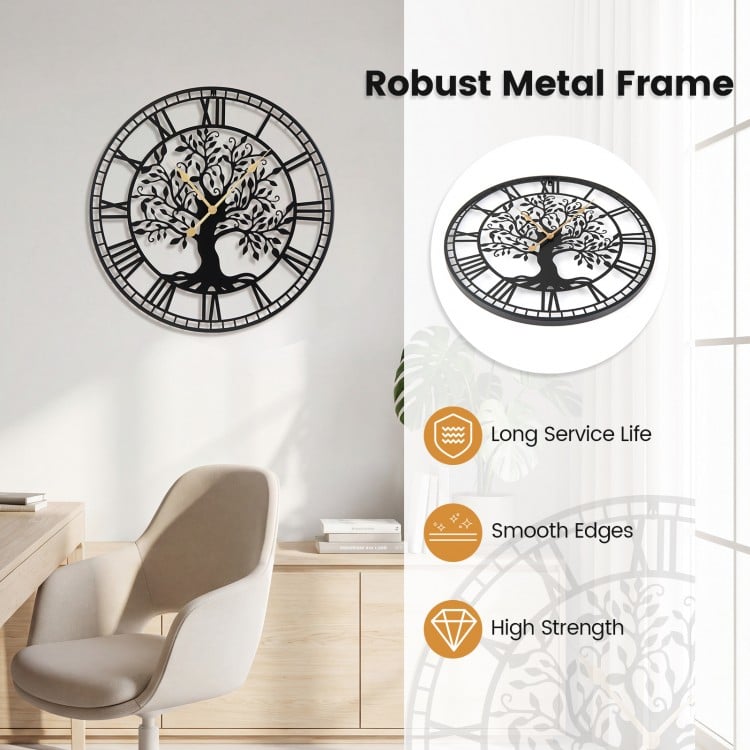 Large 27-inch black metal wall clock with a tree of life design, featuring a robust frame and smooth edges for easy.