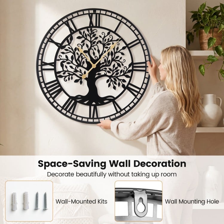 Large 27-inch black metal wall clock with tree of life design, featuring wall-mounted kits for easy decoration.