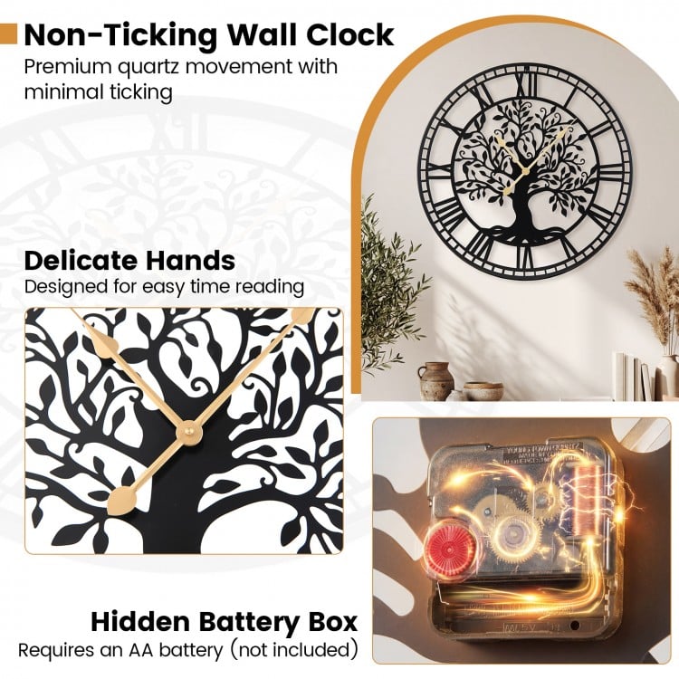 Large 27-inch black metal wall clock with tree of life design, featuring delicate hands and hidden battery box for easy.