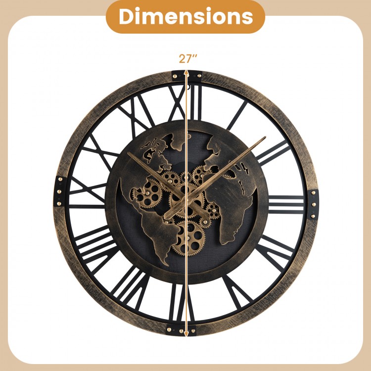 Large 27" brown gear wall clock with world map, showcasing a detailed design and smooth edges for safe wall decoration.