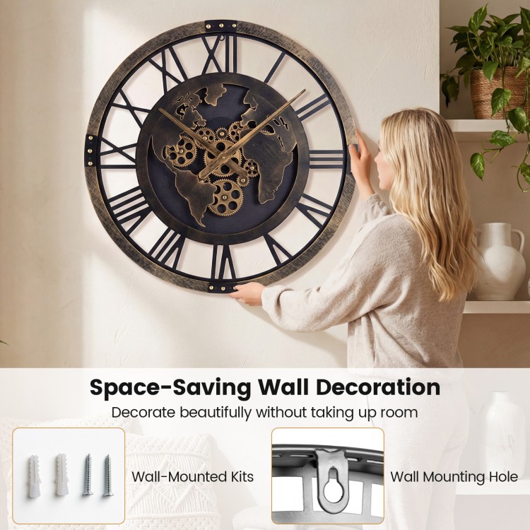 Large 27" gear wall clock with world map design in brown, featuring a robust metal frame for wall mounting.