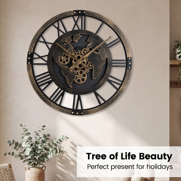 Large 27" gear wall clock featuring a world map design in brown, ideal for stylish home decor and holiday gifts.