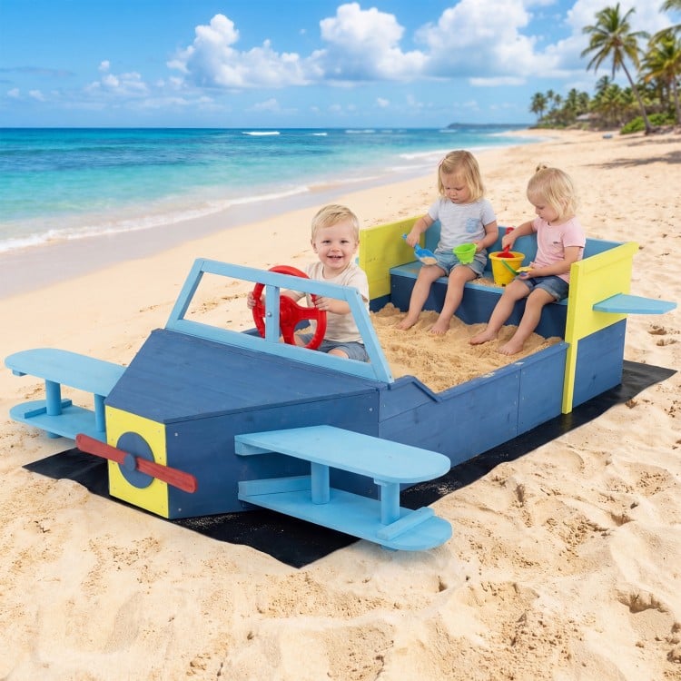 Large wooden kids sandbox in airplane design with bench seat, perfect for imaginative play at the beach or backyard.