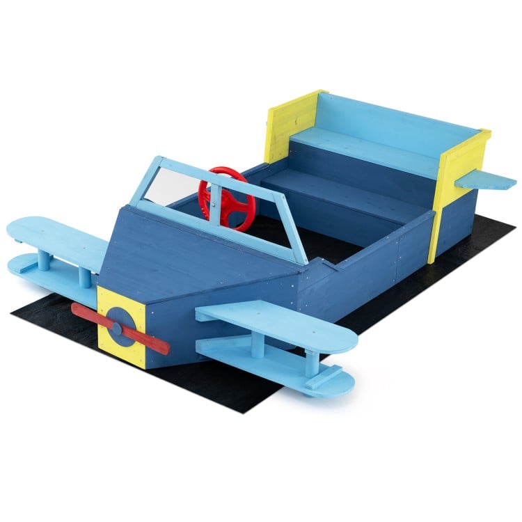 Large blue wooden kids sandbox with bench seat, rotatable rudder, and colorful propeller for imaginative play.