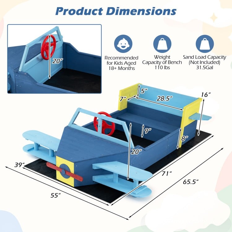 Large wooden kids sandbox with bench seat in blue, featuring a colorful propeller and adjustable sand depth for.
