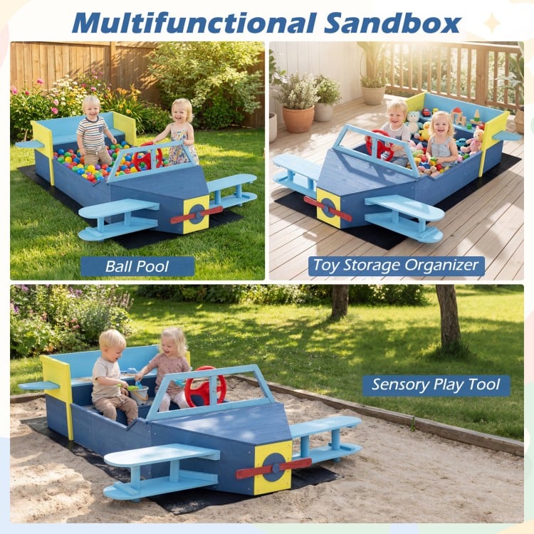 Large blue wooden kids sandbox with bench seat, functioning as a ball pool and sensory play tool for outdoor fun.
