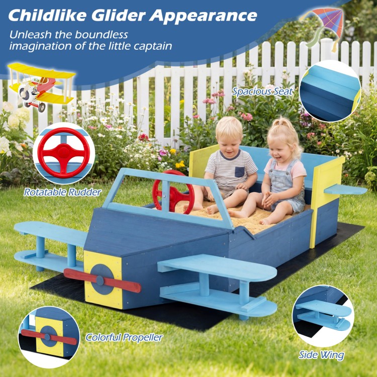 Large wooden kids sandbox with glider design, spacious seat for two, colorful propeller, perfect for backyard play.