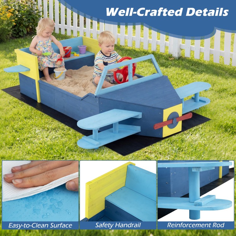 Large wooden kids sandbox in blue with safety handrail, adjustable sand depth, and spacious bench seat for outdoor play.