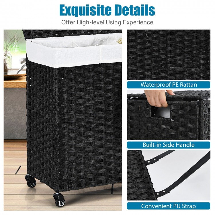 Laundry hamper with wheels and lid in black, made of waterproof PE rattan, ideal for laundry rooms and bathrooms.