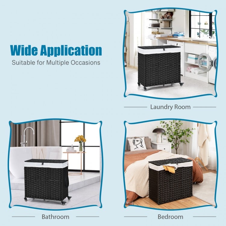 Laundry hamper with wheels and lid in black, featuring 125L capacity, ideal for laundry room, bathroom, or bedroom use.