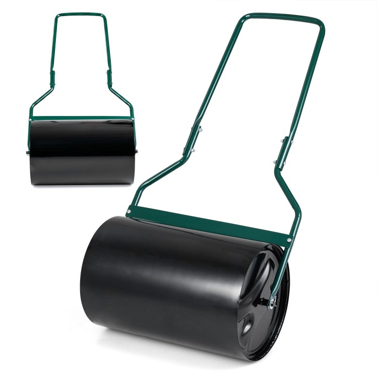 Lawn roller with U-shape handle, 12-gallon capacity, designed for leveling soil and compacting gardens.