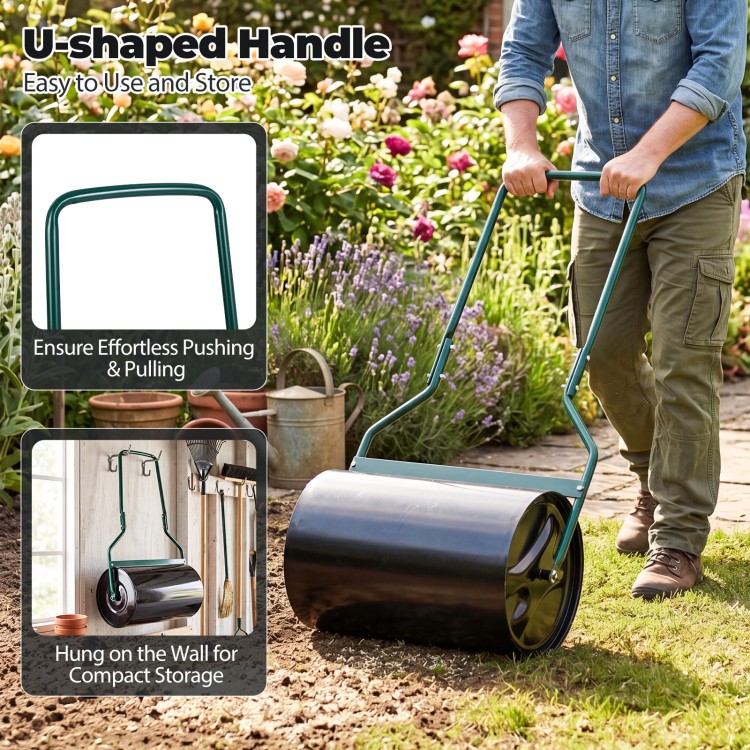 Lawn roller with U-shaped handle, 12-gallon capacity, ideal for compact storage and easy garden use.