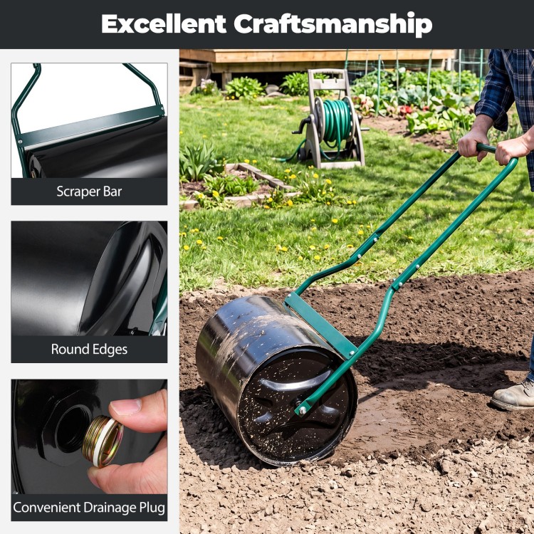 Lawn roller with U-shape handle, 12-gallon capacity, featuring round edges and convenient drainage plug for easy use.