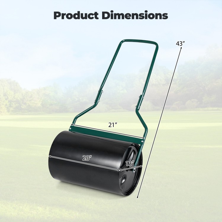 Lawn roller with U-shape handle, 12-gallon capacity, measuring 21" x 20" x 43", ideal for leveling lawns.