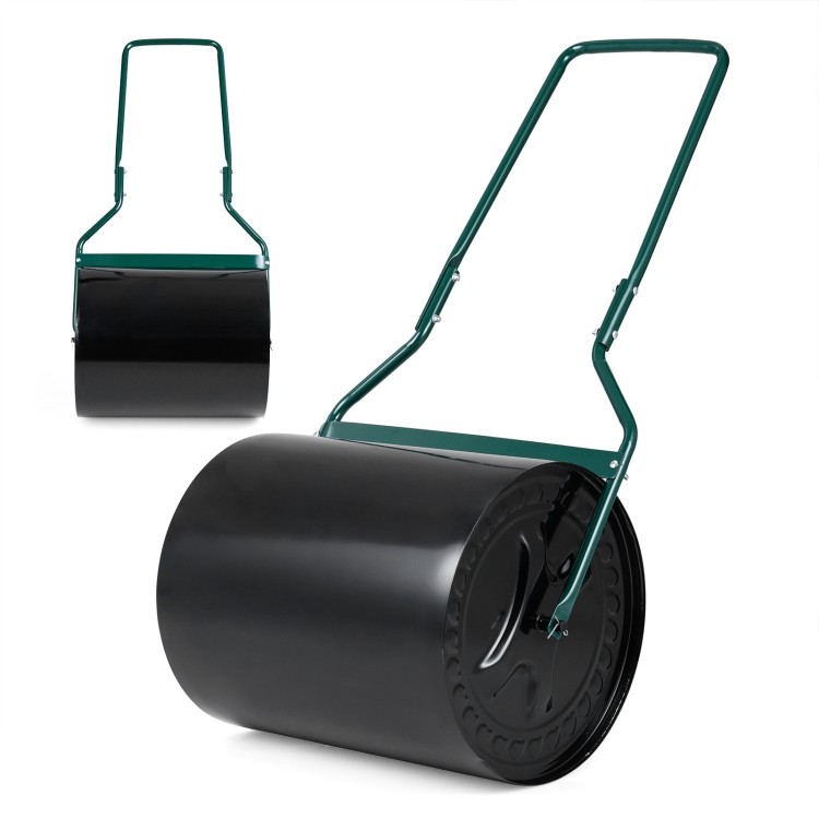 Lawn roller with a 12-gallon capacity, filled with water or sand, featuring a leak-proof inlet for effective gardening.