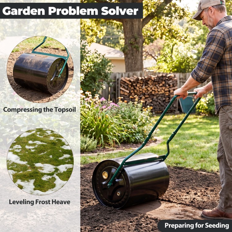 Lawn roller with green handle compresses topsoil and levels frost heave, ideal for preparing garden for seeding.