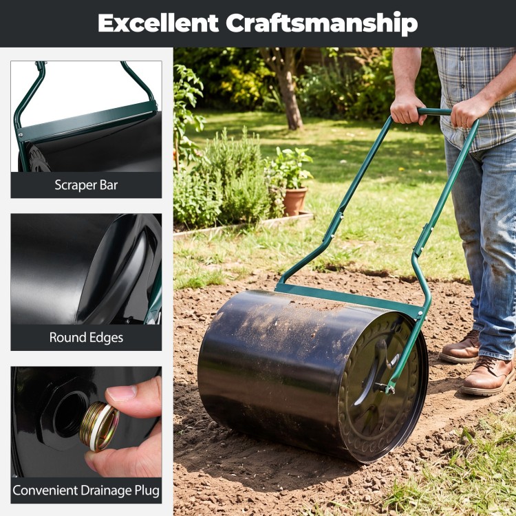 Lawn roller with scraper bar and round edges, filled with water or sand for effective garden leveling.