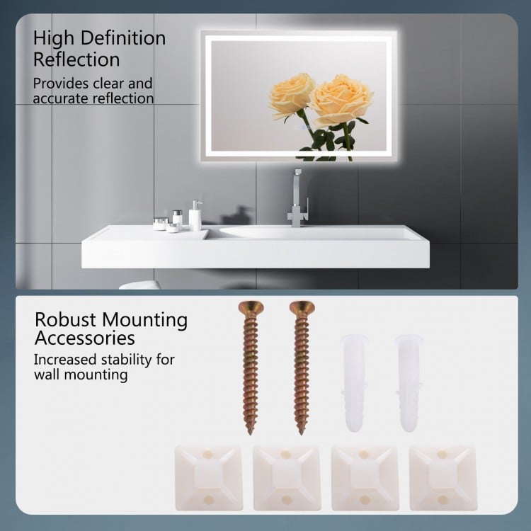 LED bathroom mirror with 3-color dimmable lights, high definition glass, and robust mounting accessories for easy.