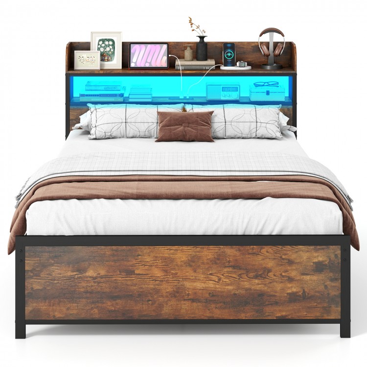 Full-size LED bed frame with storage headboard, power outlets, and adjustable colors for a modern bedroom setup.