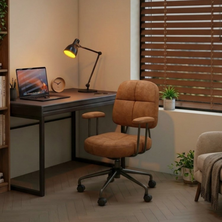 Ergonomic brown upholstered task chair with cushioned back, adjustable height, and sturdy plywood base for home office.