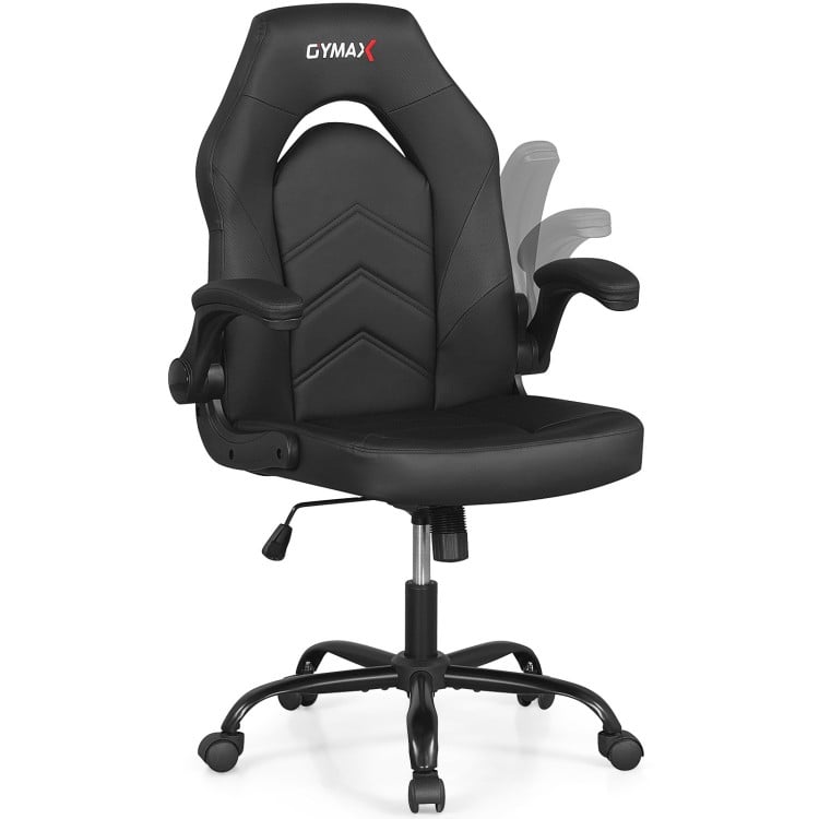 Ergonomic black leather office chair with flip-up armrests and adjustable backrest for enhanced comfort in workspace.