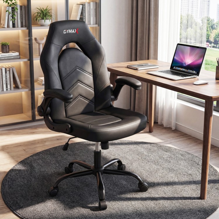 Ergonomic black leather office chair with flip-up armrests and adjustable height, ideal for home and office use.