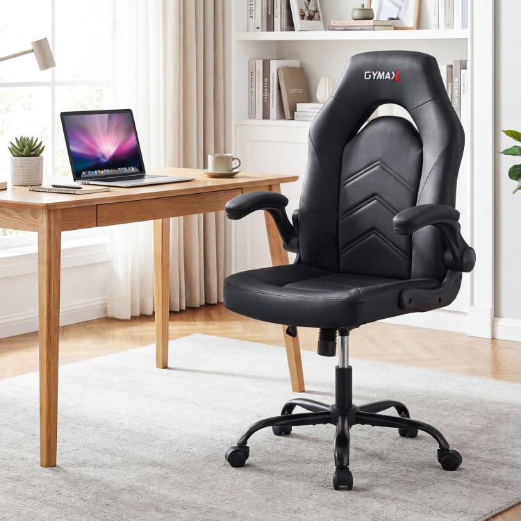 Ergonomic black leather office chair with flip-up armrests and adjustable height, ideal for home or office use.