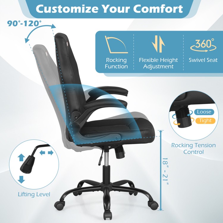 Ergonomic black leather office chair with flip-up armrests, adjustable height, and rocking function for customizable.
