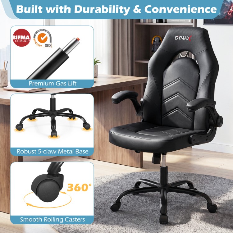 Ergonomic black leather office chair with flip-up armrests, smooth rolling casters, and robust 5-claw metal base.