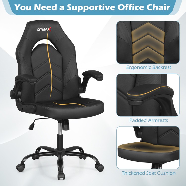 Ergonomic black leather office chair with padded armrests and thickened seat cushion, ideal for home and office use.