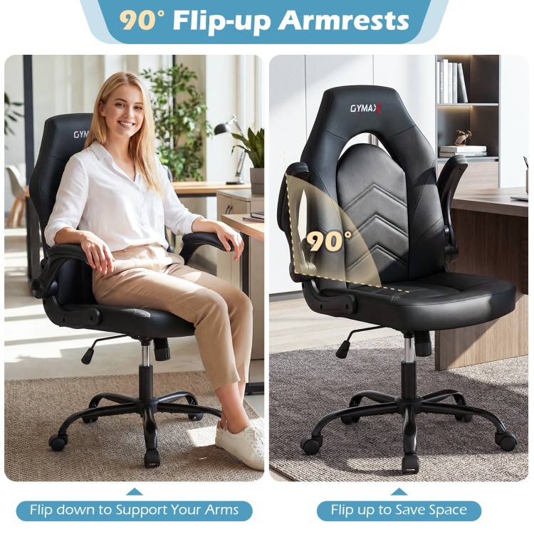 Ergonomic black leather office chair with flip-up armrests, padded seat, and adjustable height for home or office use.