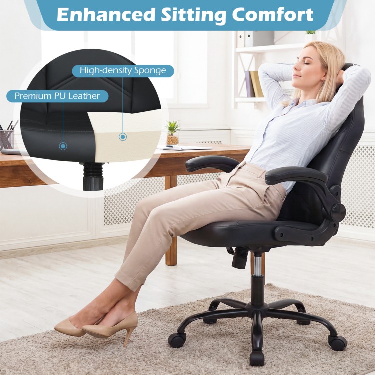 Ergonomic black leather office chair with flip-up armrests and high-density sponge cushion for enhanced comfort.