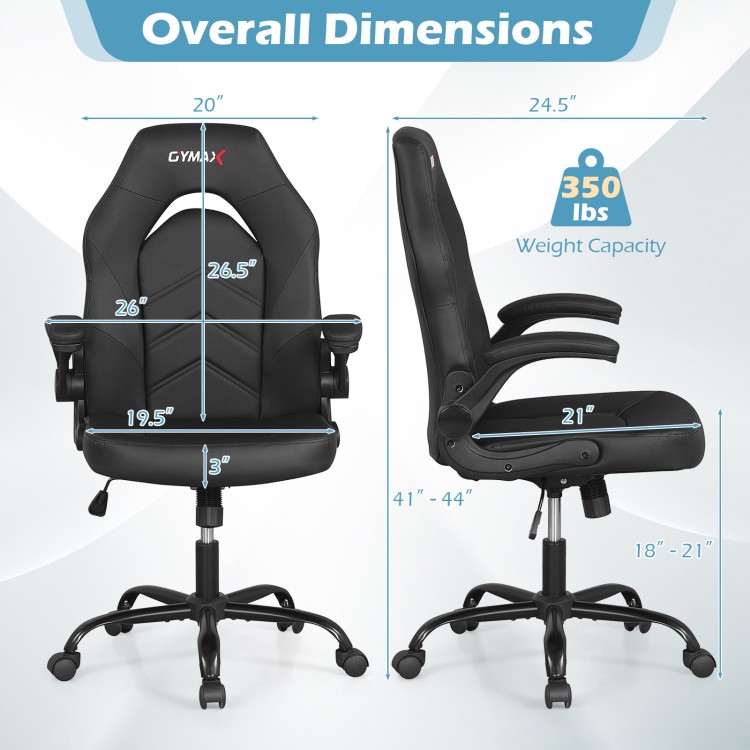 Ergonomic black leather office chair with flip-up armrests, adjustable height, and 350 lbs weight capacity for comfort.