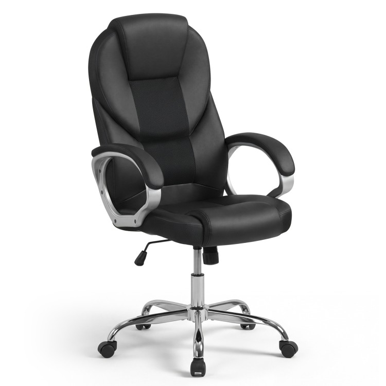 Ergonomic black leather office chair with padded armrests, adjustable backrest, and 360° swivel for versatile comfort.